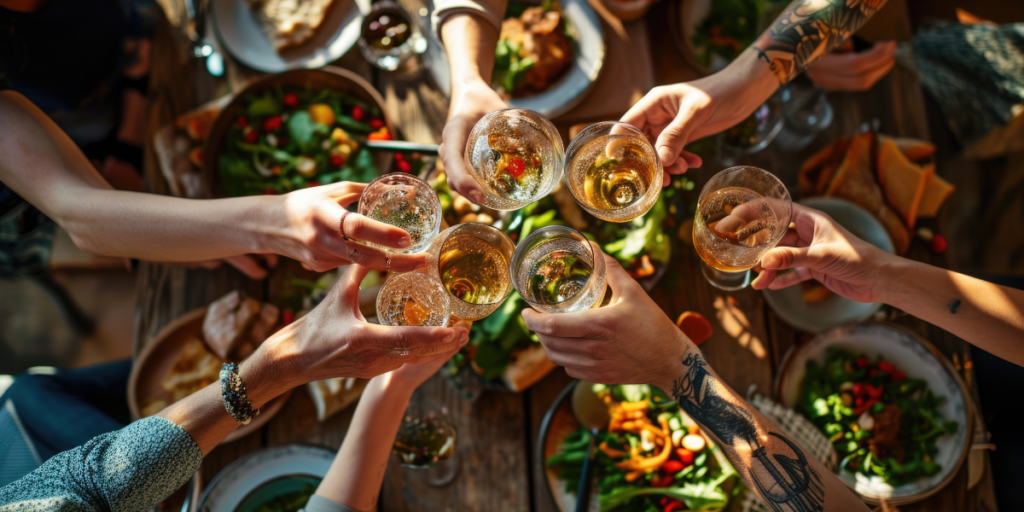 Amis qui prennent un verre autour d'un bon repas sain