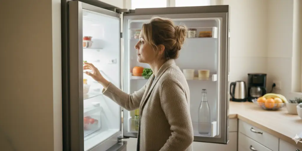 Une femme hésite devant son frigo. (Générée avec Gemini)