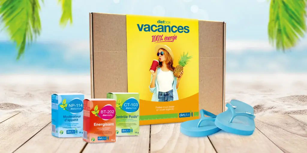 La box vacances dietplus. Une solution qui contient des compléments alimentaires conçus pour perdre des kilos pendant l'été.