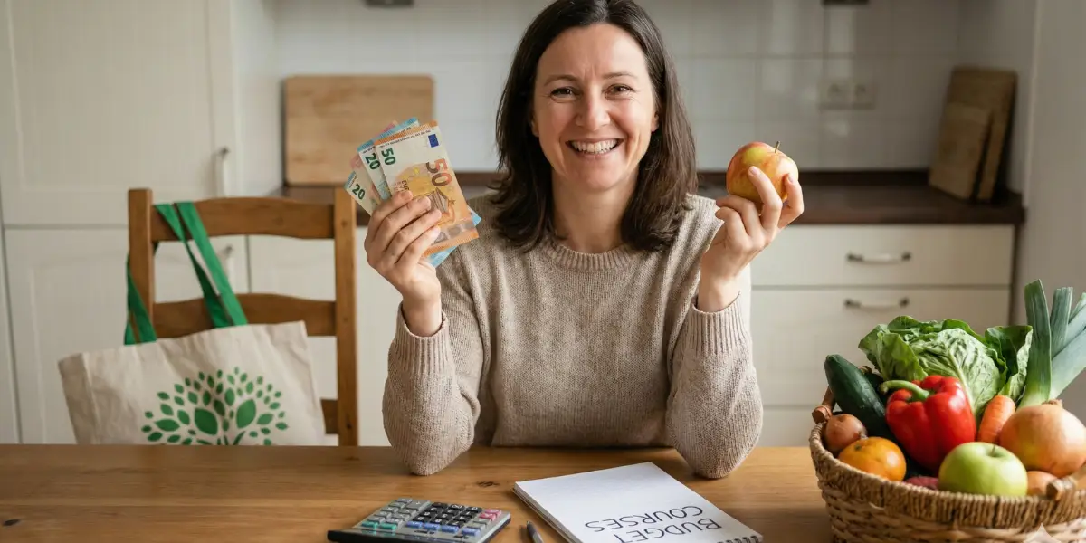 Une femme tient une pomme et des billets dans ses mains.
