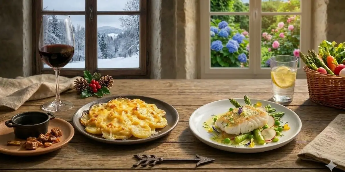 Transition alimentaire : à gauche un gratin d'hiver devant une fenêtre enneigée, à droite un poisson aux légumes de printemps devant un jardin fleuri.